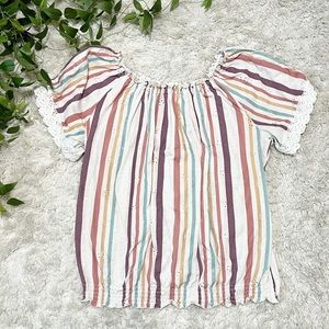 French Laundry Off-the-Shoulder Top Striped Eyelet Womans top blouse